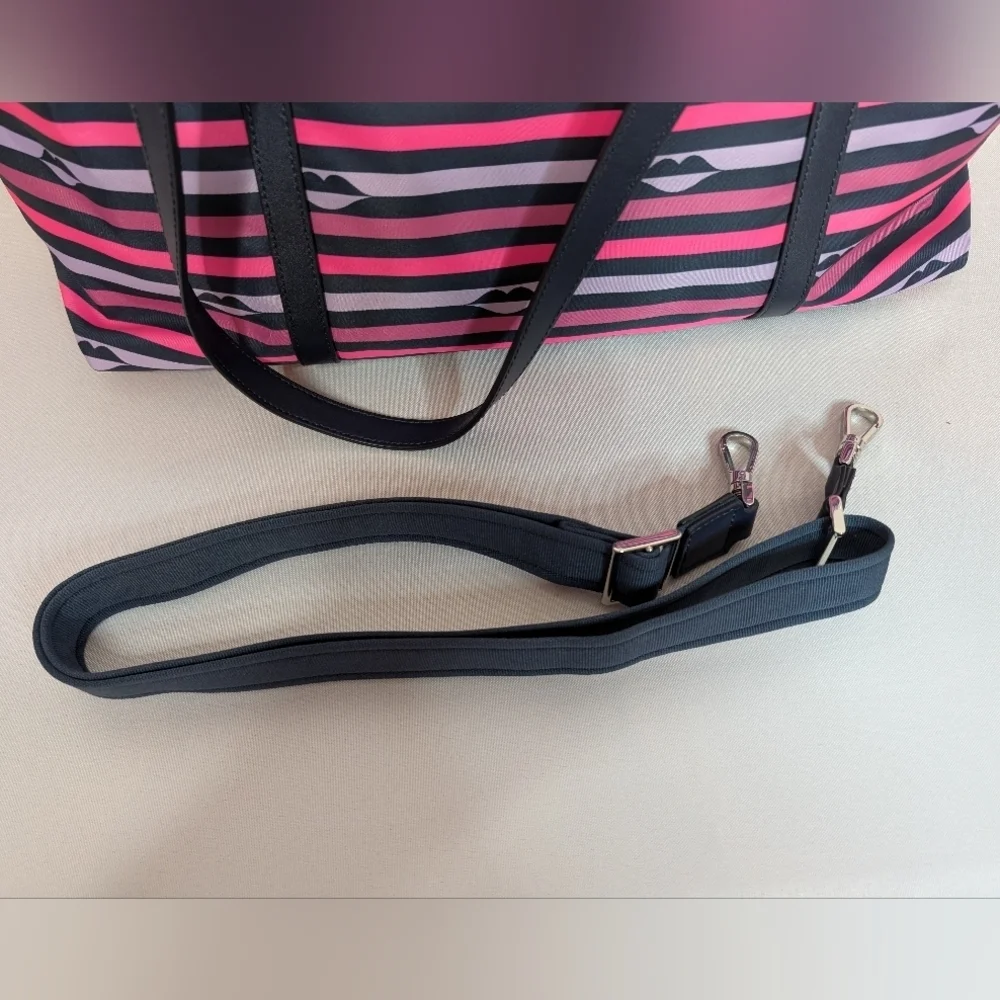 Kate Spade Jae Nylon Pink Striped Patrice Lip Weekender Duffel Bag Like New